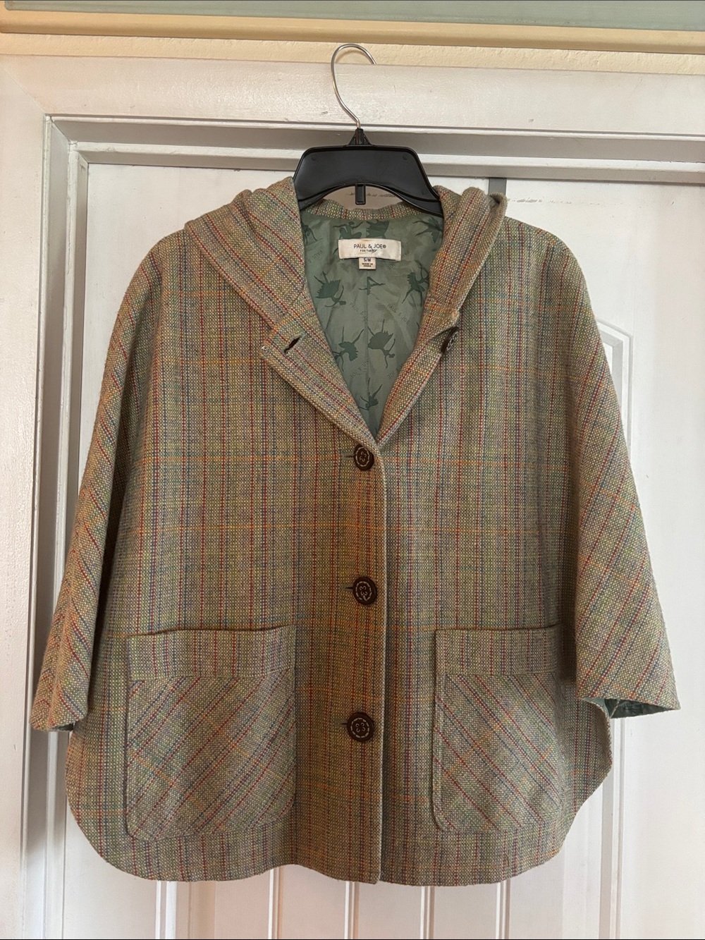 Paul & Joe Hooded Multi-Stripe Cape Jacket in Soft Green